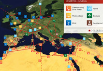 Die Desertec-Vision: der Strom wird in solarthermischen Kraftwerken vor allem in Nordafrika sowie in Windparks vor den Küsten Nordafrikas und Nordeuropas erzeugt.