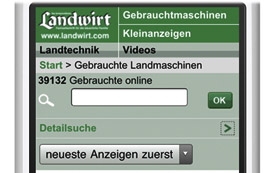 Landwirt.com lässt mit Android-Handys nach gebrauchten Landmaschinen suchen.