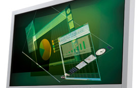 23“-LCD-Schirm mit 16 Watt Verbrauch und Helligkeitsautomatik.
