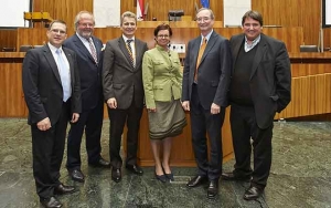 August Wöginger, Hans-Werner Frömmel, Erich Foglar, Gabriele Tamandl, Christoph Leitl und Josef Muchitsch 