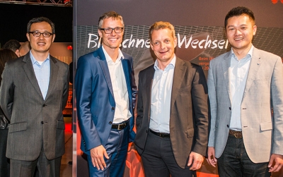 Mobilfunkparty in Wien: Yanmin Wang, Director CEE &amp; Nordic Device Business Huawei, 3-CEO Jan Trionow, Tele2-Geschäftsführer Alfred Pufitsch und Jay Peng, CEO Huawei Austria.