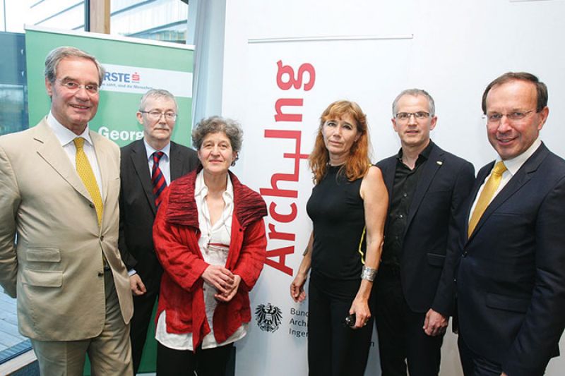 Alfred Jöchlinger Geschäftsführer des Auftragnehmerkatasters, Helmut Moser, BMBF, Ursula Schneider, pos architekten ZT gmbh, Hemma Fasch fasch&fuchs.architekten, Hermann Primig, Rechnungshof und Wolfgang Gleissner, BIG (v.l.n.r.).