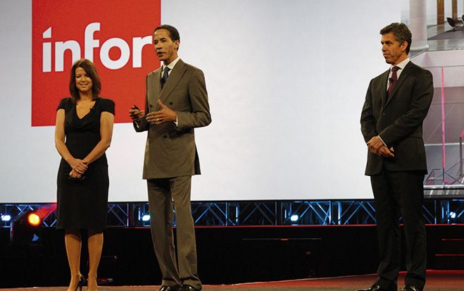(Foto: Infor) Die Infor-Manager Pam Murphy, CEO Charles Phillips und Duncan Angove rühren die Werbetrommel für die neuen Releases des großen Business-Software-»Startups«.