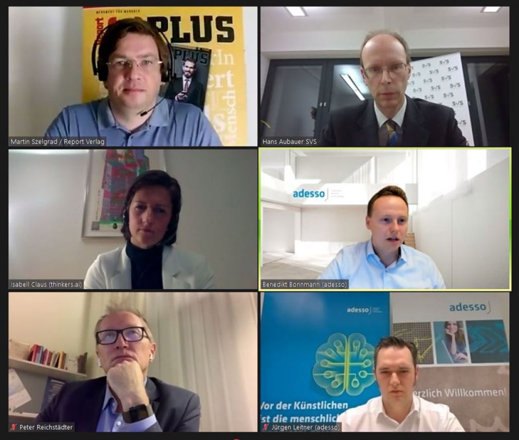 Im Zoom-Gespräch zum Thema KI und Machine Learning in der Praxis: Martin Szelgrad (Report), Hans Aubauer (SVS), Isabell Claus (Thinkers.ai), Benedikt Bonnmann (adesso), Peter Reichstädter (Parlament) und Jürgen Leitner (adesso).