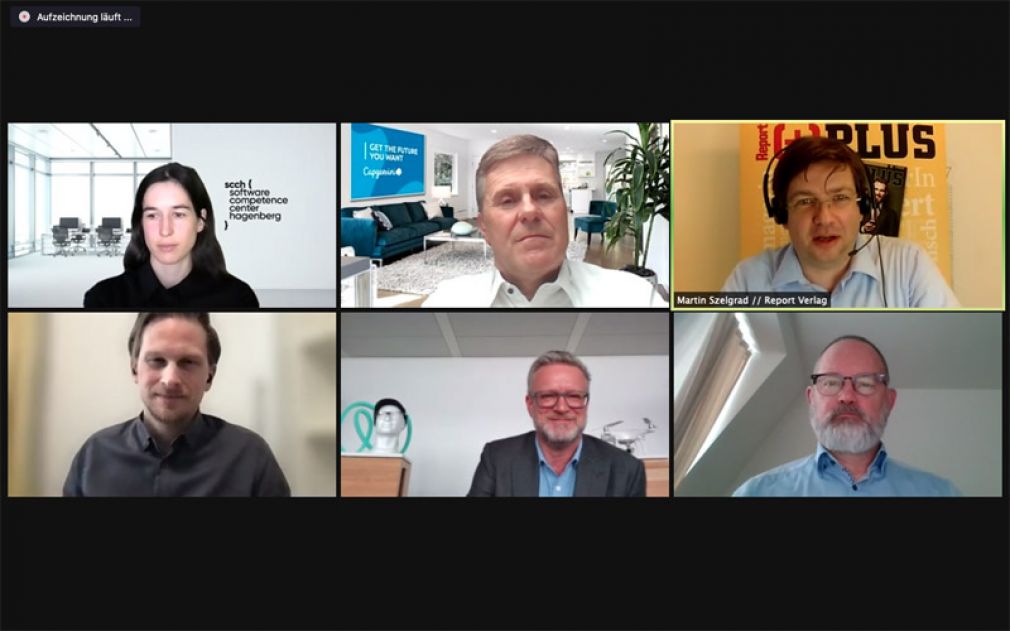 Diskussionsrunde zum Thema Kundenservice und Automatisierung: Lisa Ehrlinger, Bernd Bugelnig, Moderator Martin Szelgrad, Emanuel Schattauer, Thomas Riedl und Wilhelm Petersmann 