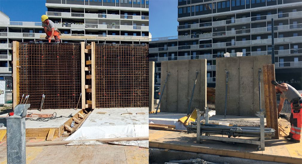 Links der Versuchsaufbau für die Wände sowie bereits betonierte Deckenelemente mit unterschiedlicher Nachbehandlung. Rechts die Wände nach der Entschalung.